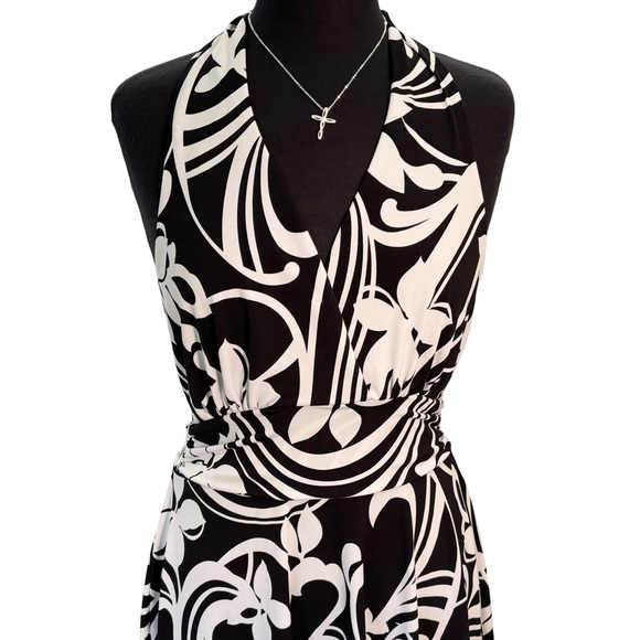 Roulette Halter Dress, Women Sz L, Black and White Floral Design, Stretch - Picture 2 of 15